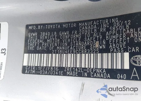 2012 Toyota Corolla Le z USA, uszkodzony, nr VIN 2T1BU4EE9CC883325